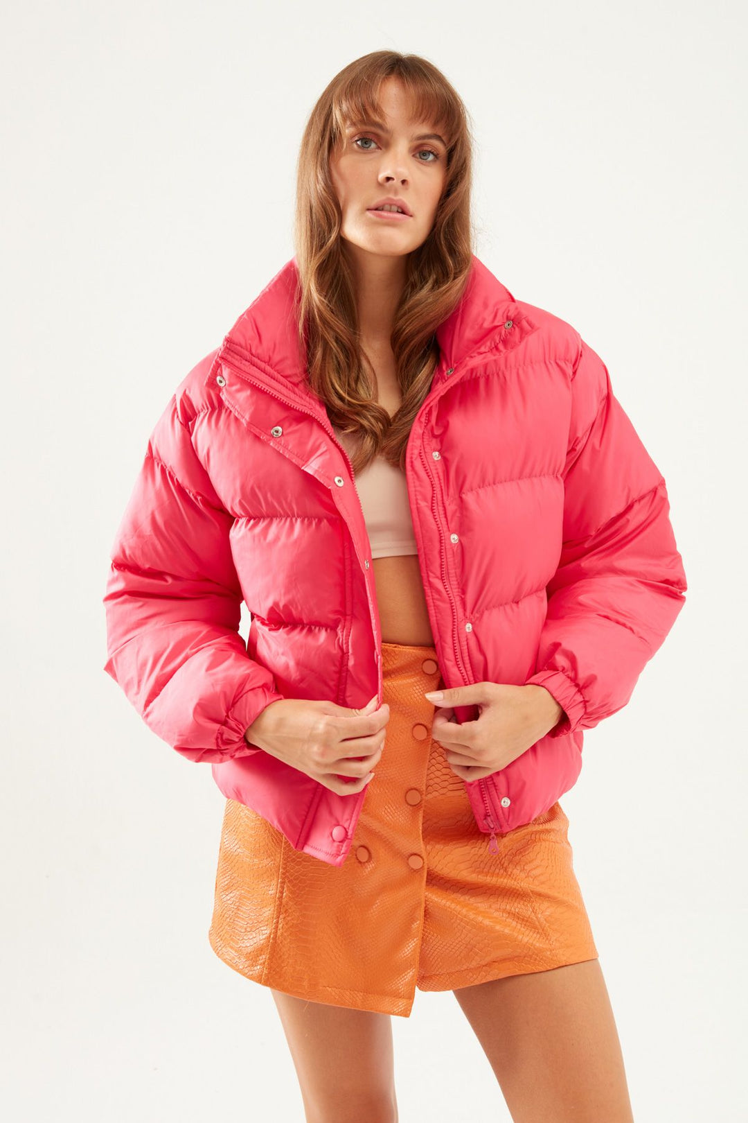 Kısa Şişme Mont Fuşya