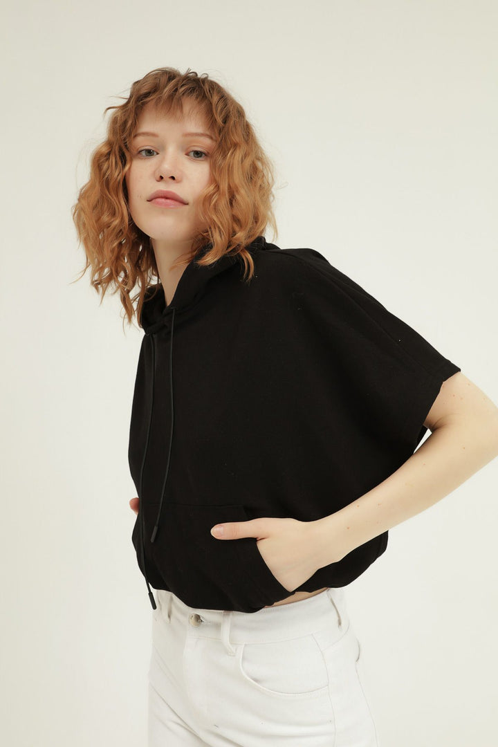 Yarasa Kol Kapüşonlu Sweatshirt Siyah