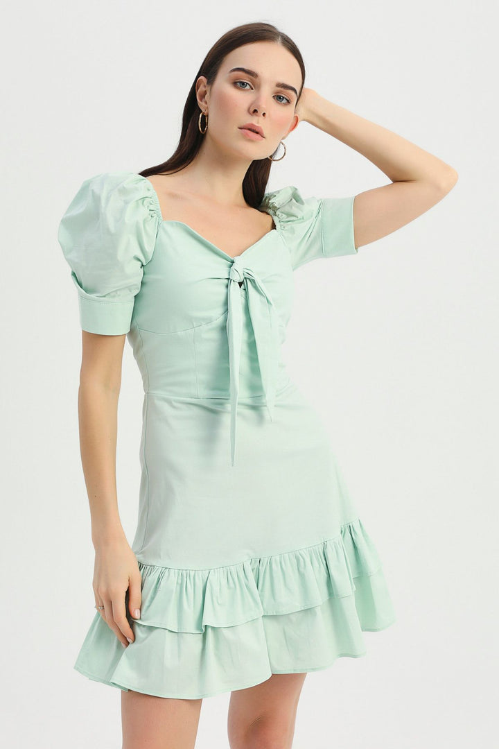 Tie Detailed Balloon Sleeve Dress Mint