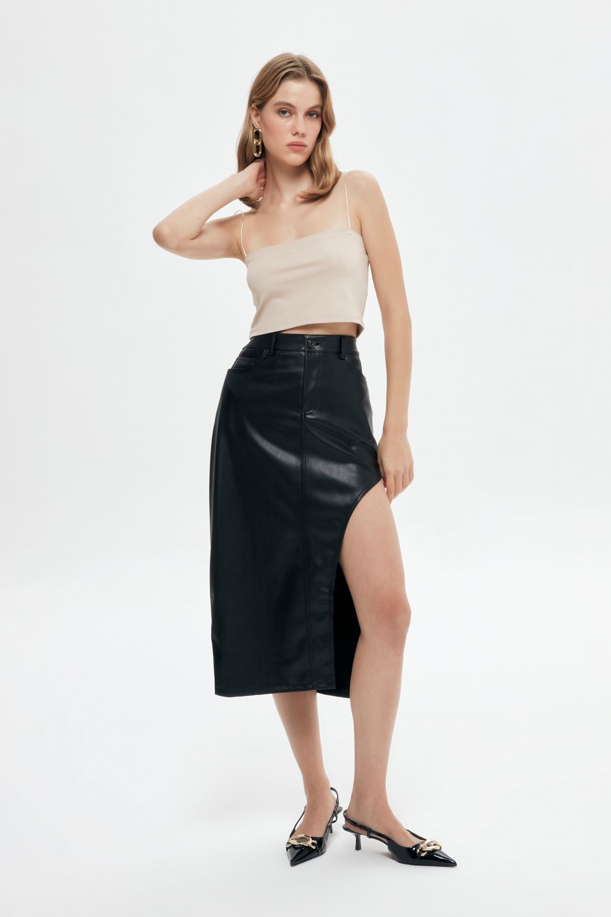 Slit Detailed Leather Midi Skirt Black