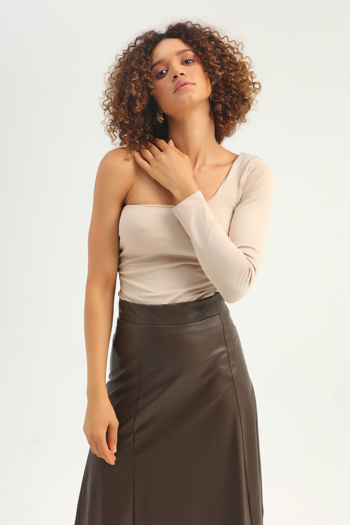 Tek Omuz Crop Bluz Bej