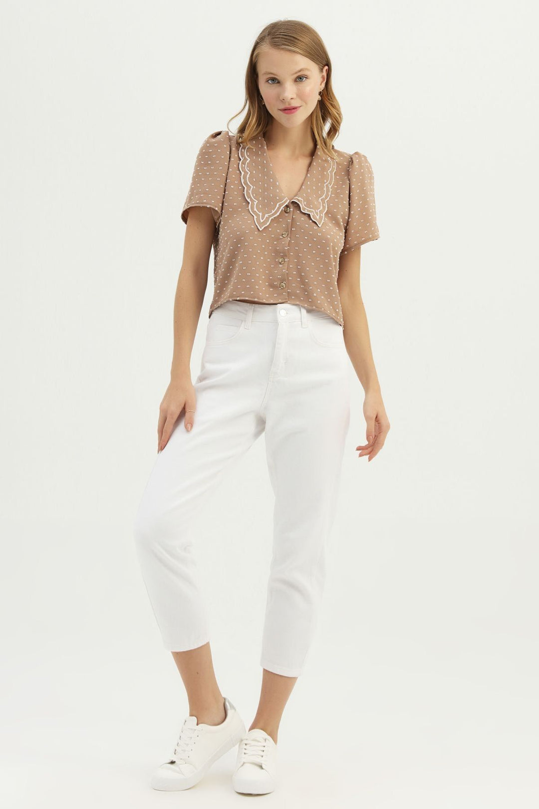 Embroidered Collar V-Neck Shirt Camel