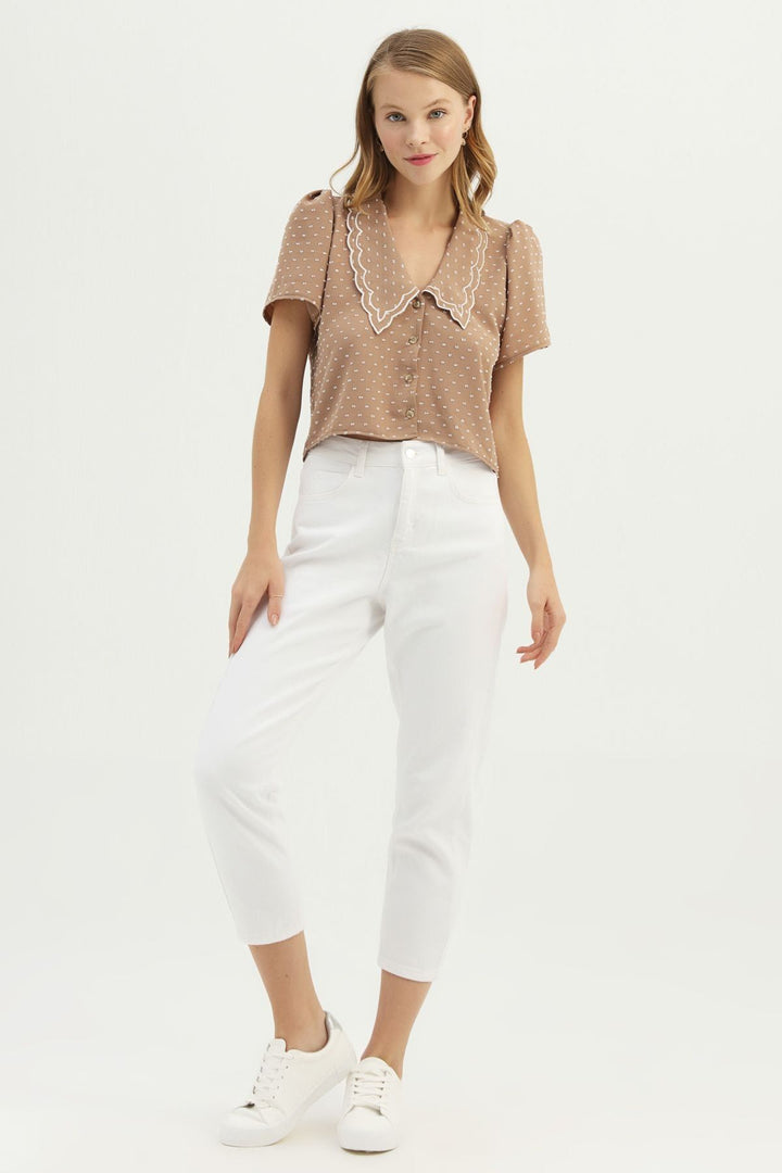 Embroidered Collar V-Neck Shirt Camel