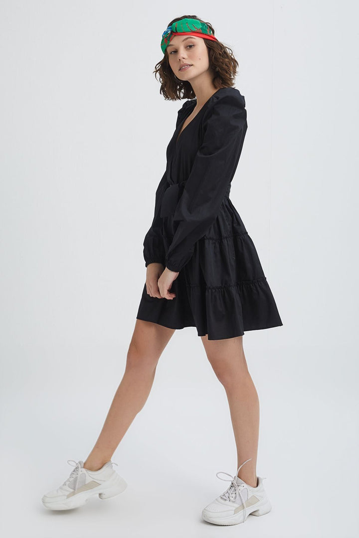 Double Breasted Balloon Sleeve Dress Black