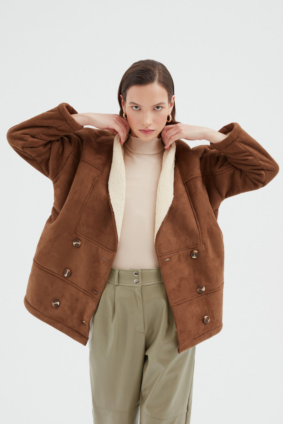 Double Breasted Suede Coat Brown
