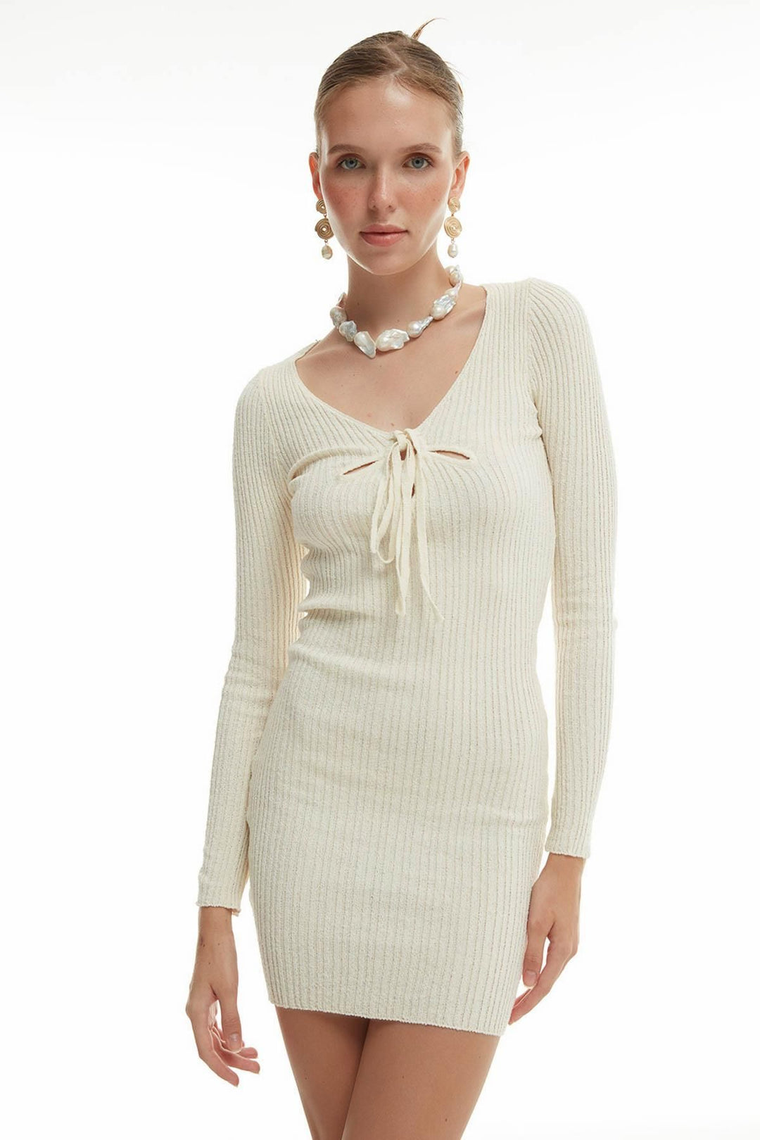 Göğüs Detaylı Triko Elbise Ekru