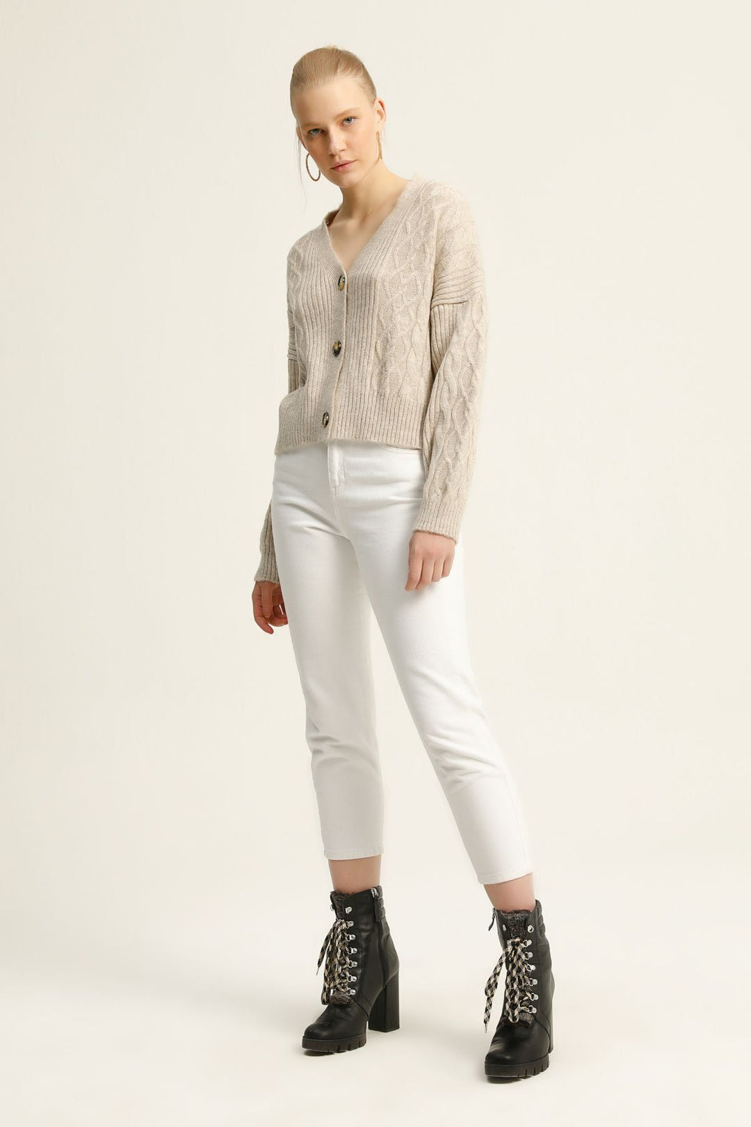 Baklava Desen Düğmeli Hırka Taş