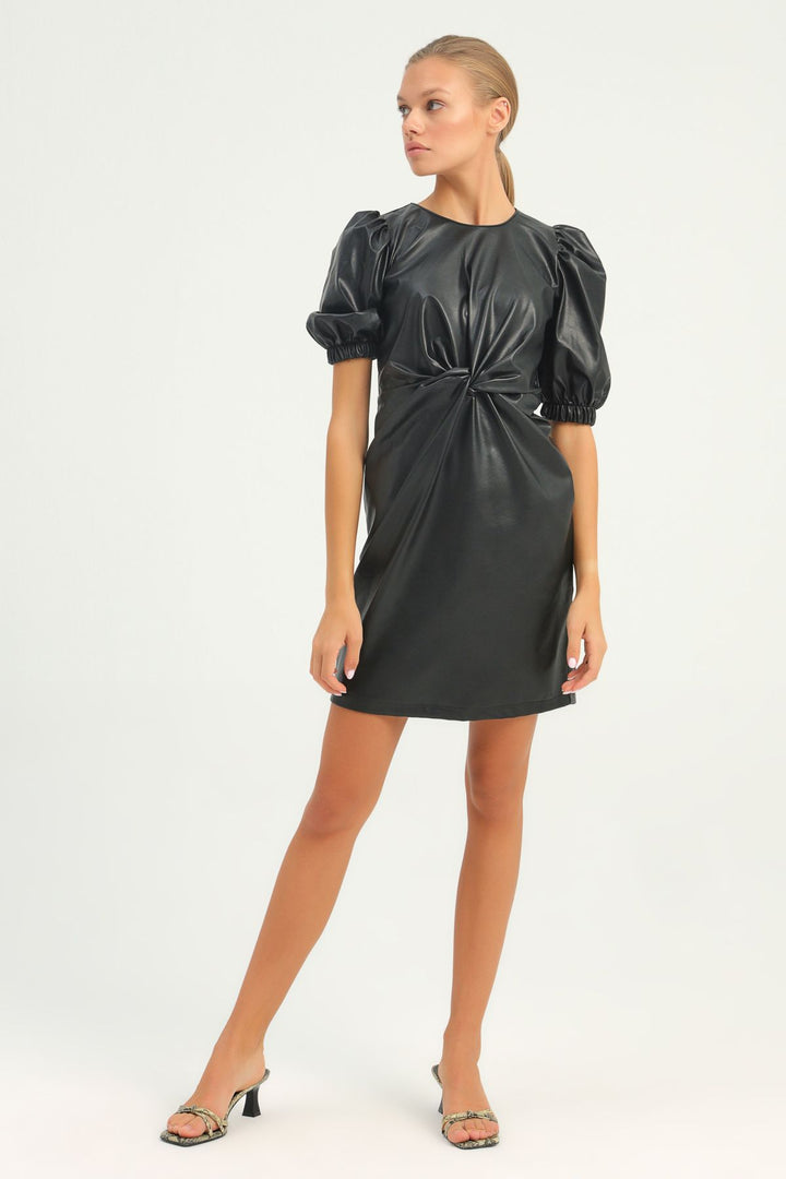 Balloon Sleeve Leather Dress Black