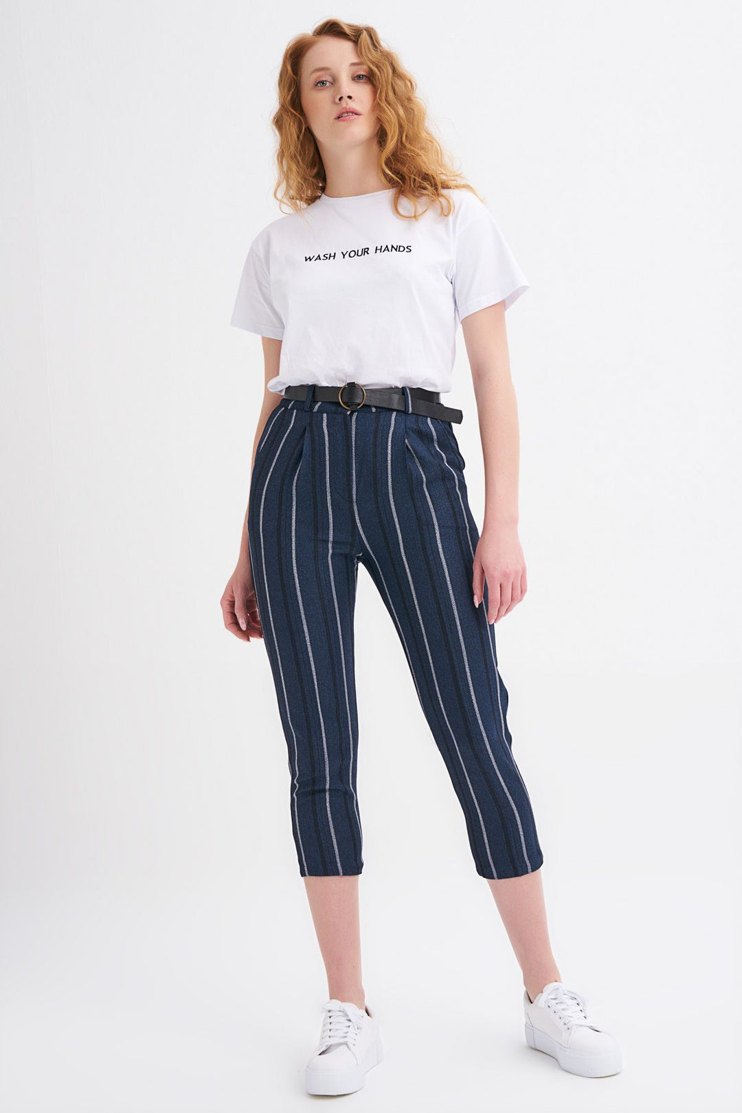 Belted Striped Trousers Navy