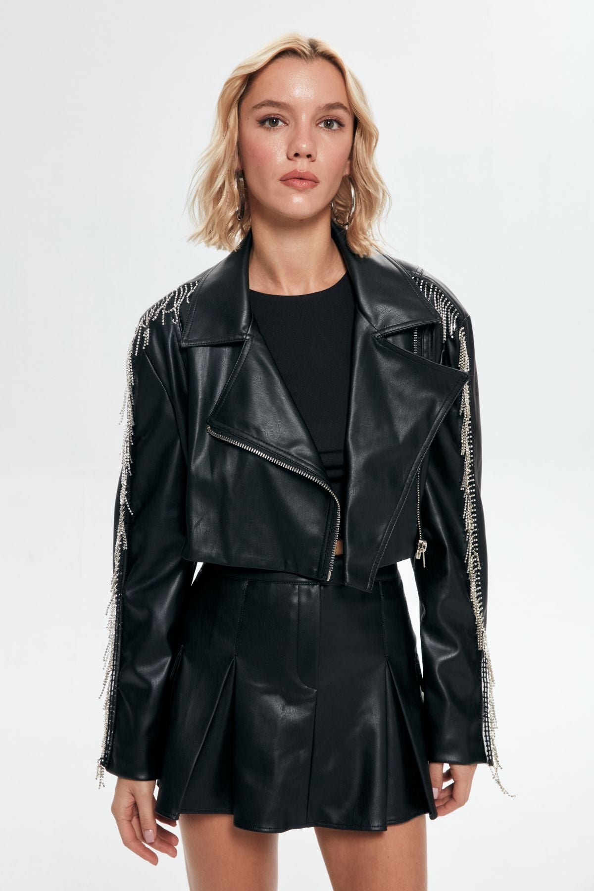 Crop Leather Jacket with Stone Accessories Black