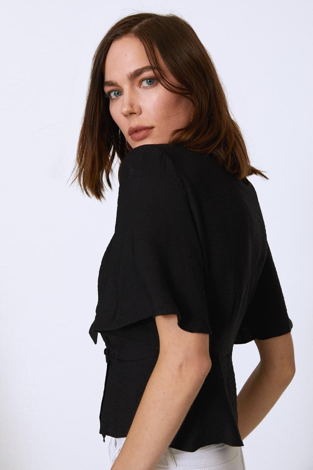 V Yaka Bağlamalı Bluz Siyah