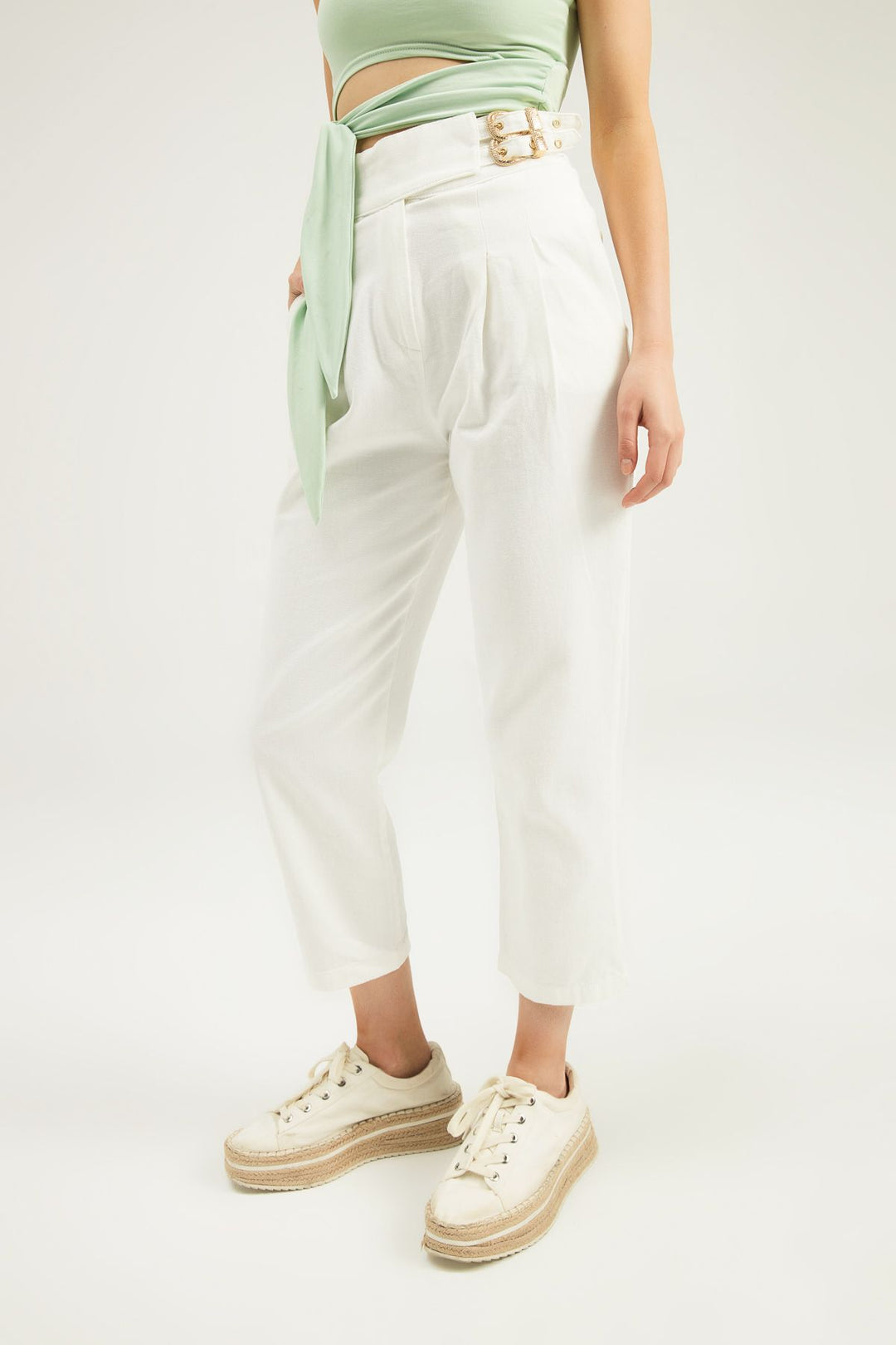 Tokalı Gabardin Yüksek Bel Pantolon Beyaz