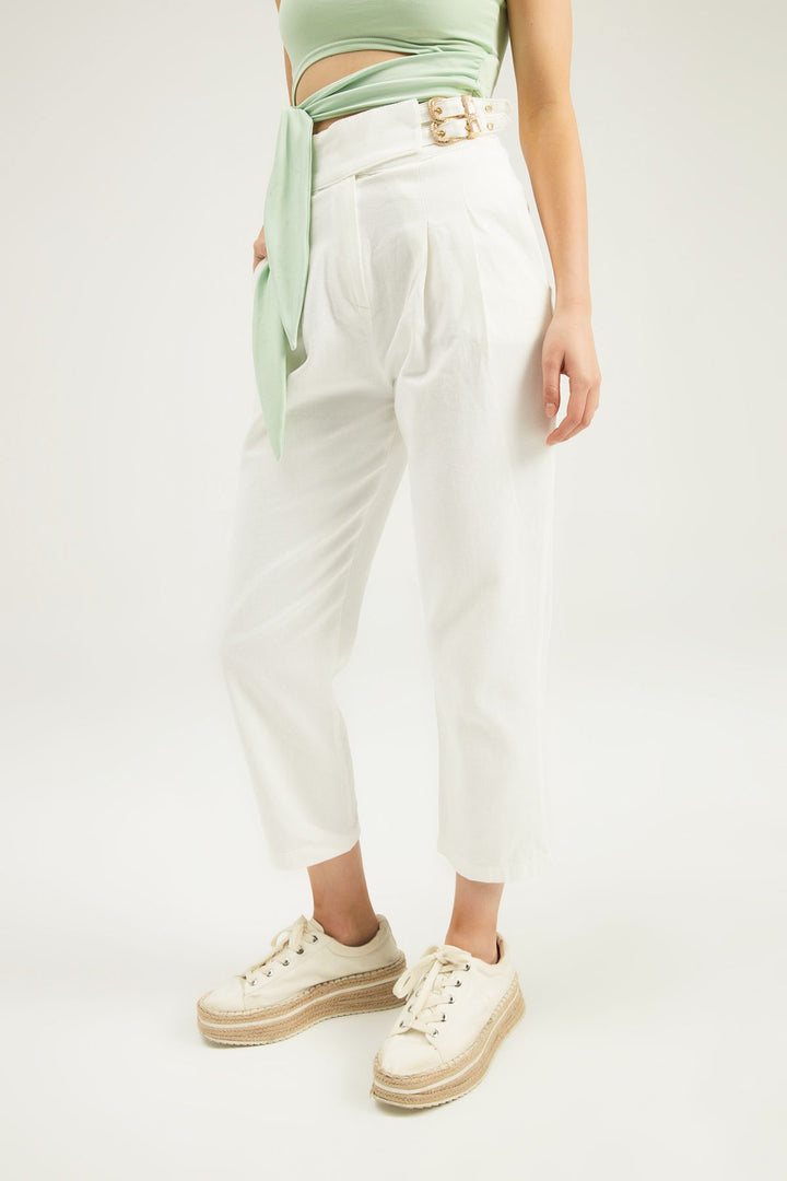 Tokalı Gabardin Yüksek Bel Pantolon Beyaz