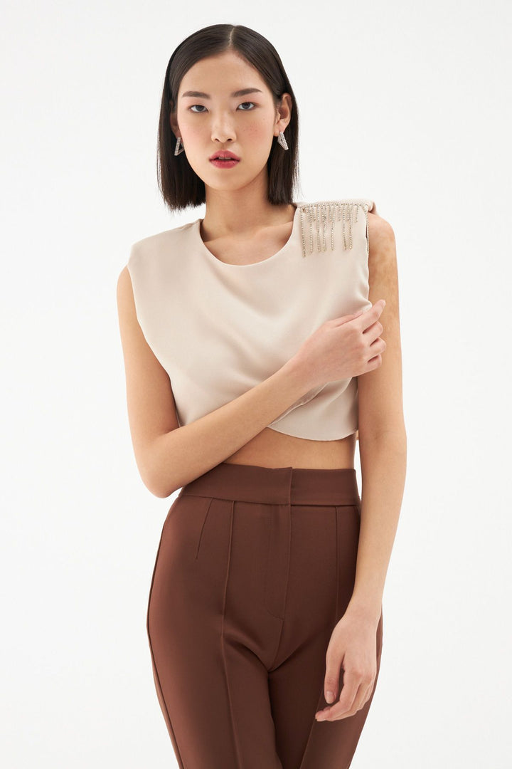 Embroidered Detailed Waistband Crop Blouse Beige