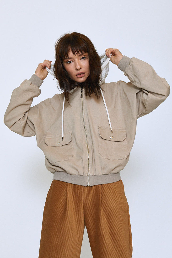 Kapüşonlu Reglan Kol Ceket Taş