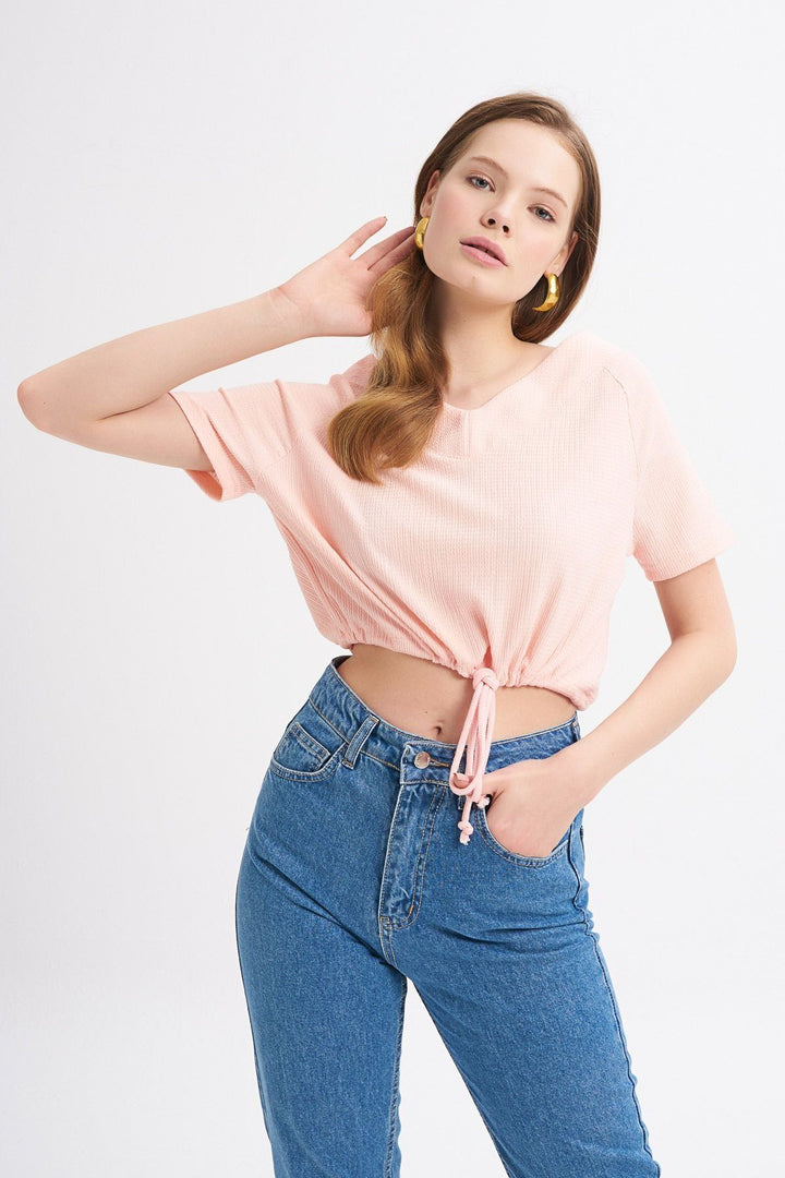 Bağlama Detaylı V Yaka Bluz Pudra