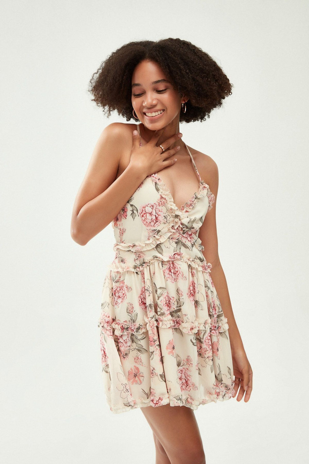 Desenli Askılı Fırfır Detaylı Mini Elbise Pembe