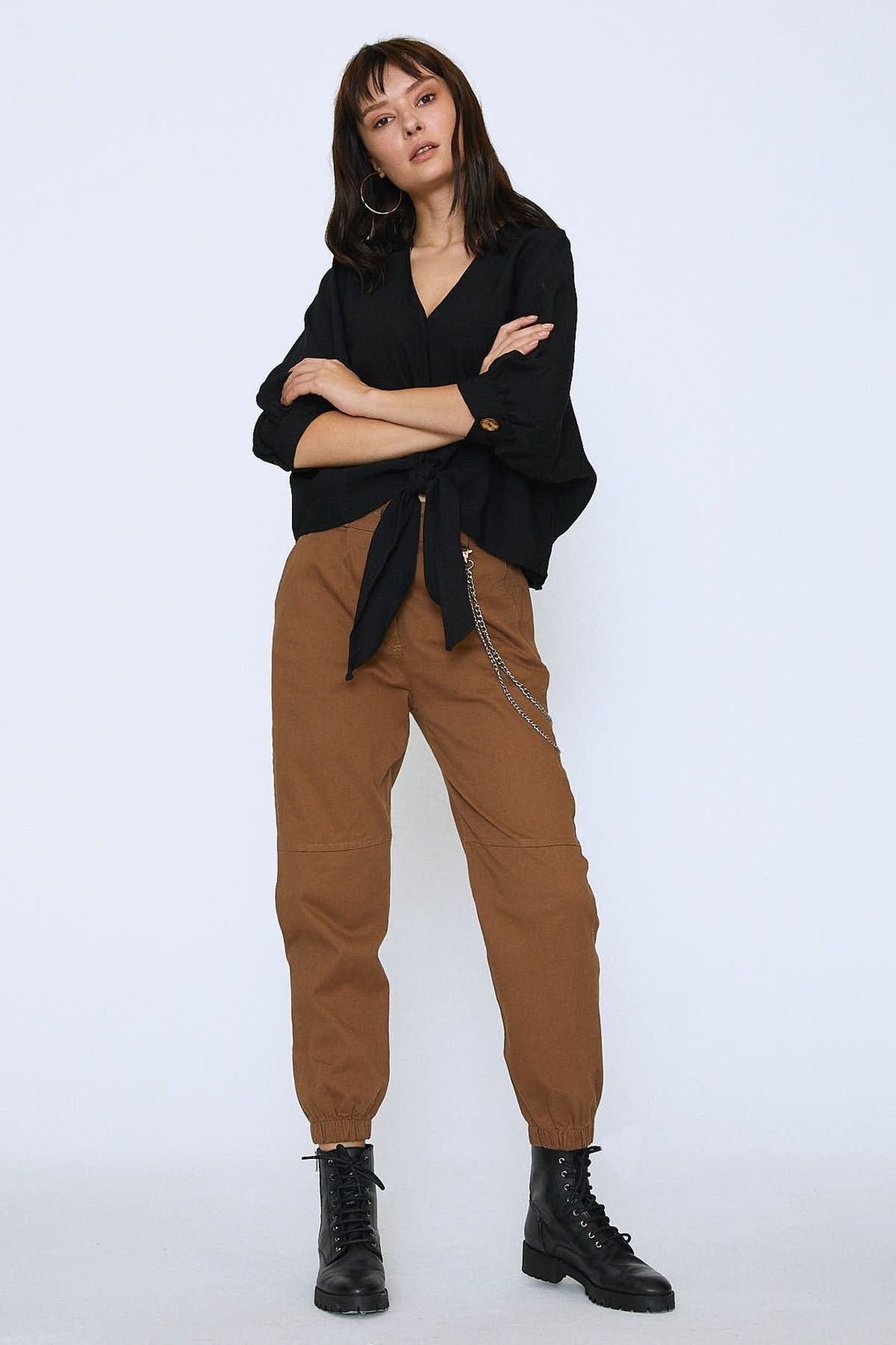 V Neck Bottom Tie Oversize Blouse Black