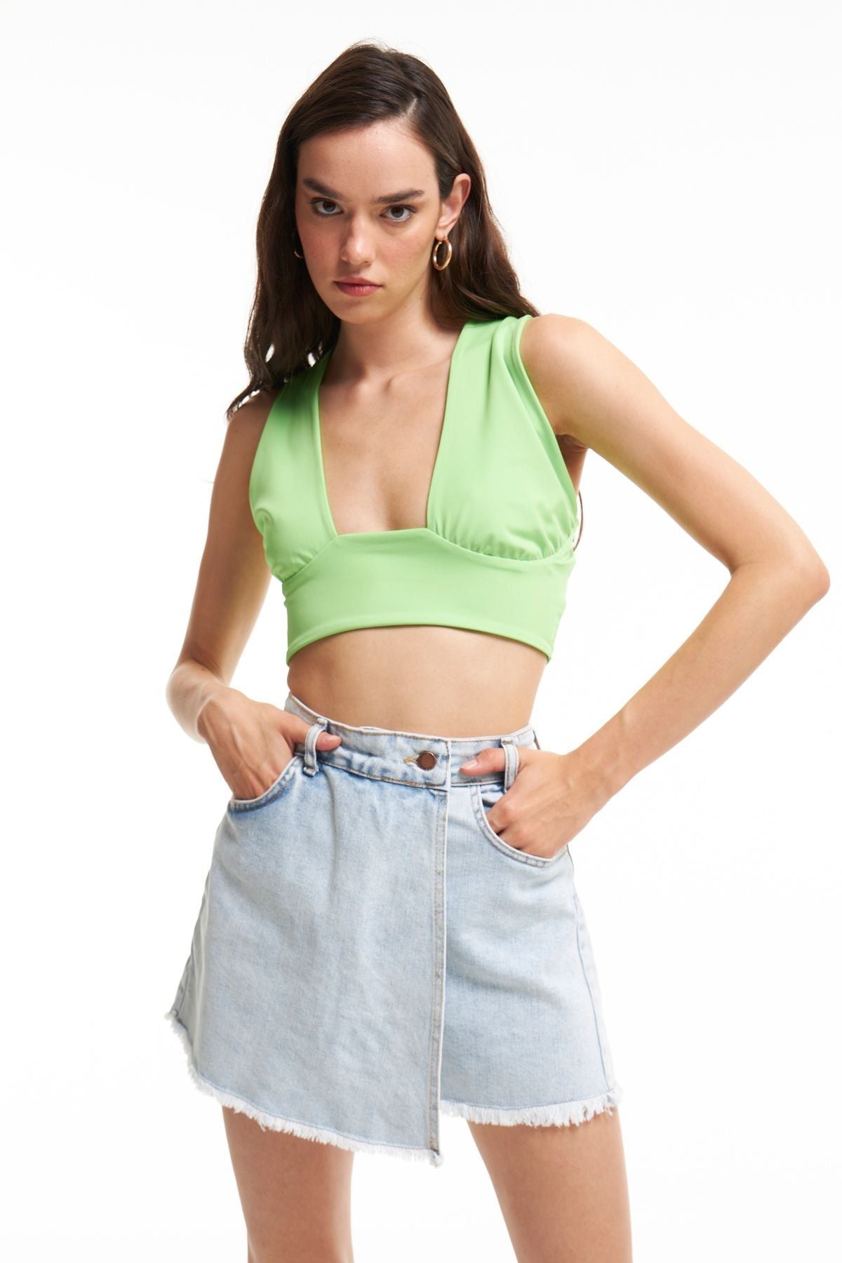 Çapraz Bağlamalı Crop Bluz Neon Yeşil