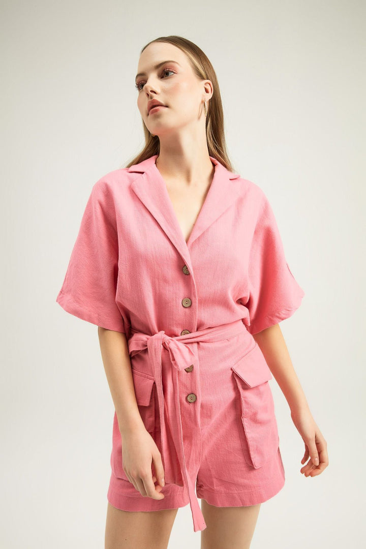 Beli Bağlamalı Kısa Kollu Tulum Şeker Pembe