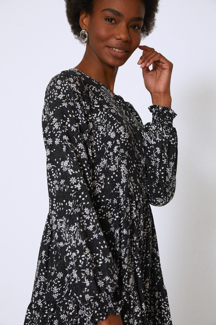 Crispy Floral Midi Dress Black
