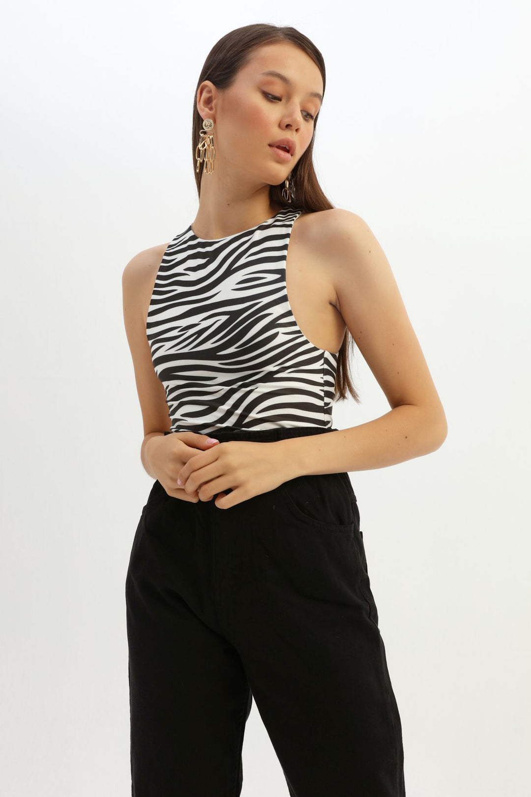 Zebra Desenli Halter Yaka Bodysuit Siyah
