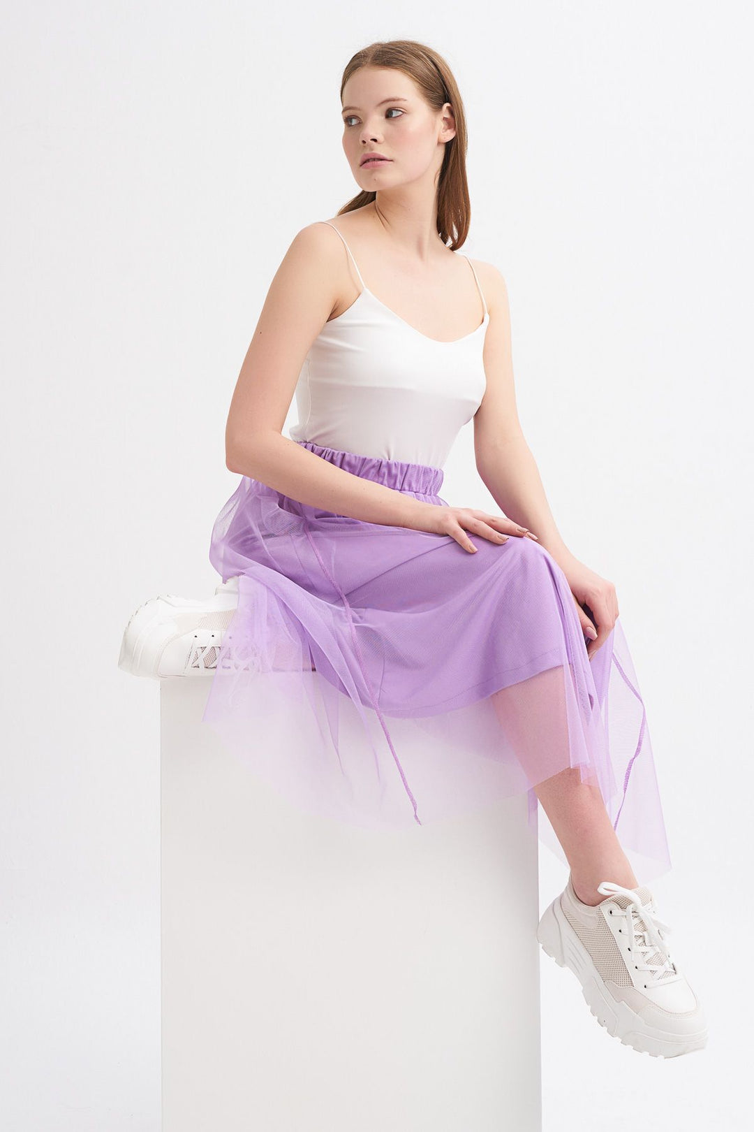 Piliseli Tül Detaylı Midi Etek Lila