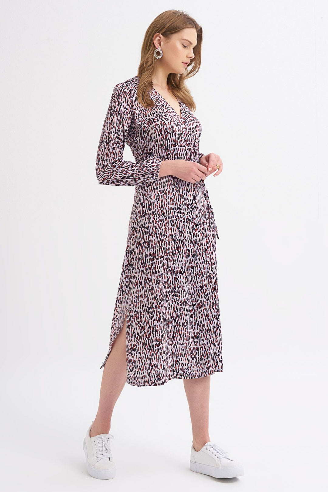 Patterned Slit Detailed Wrapped Dress Lilac