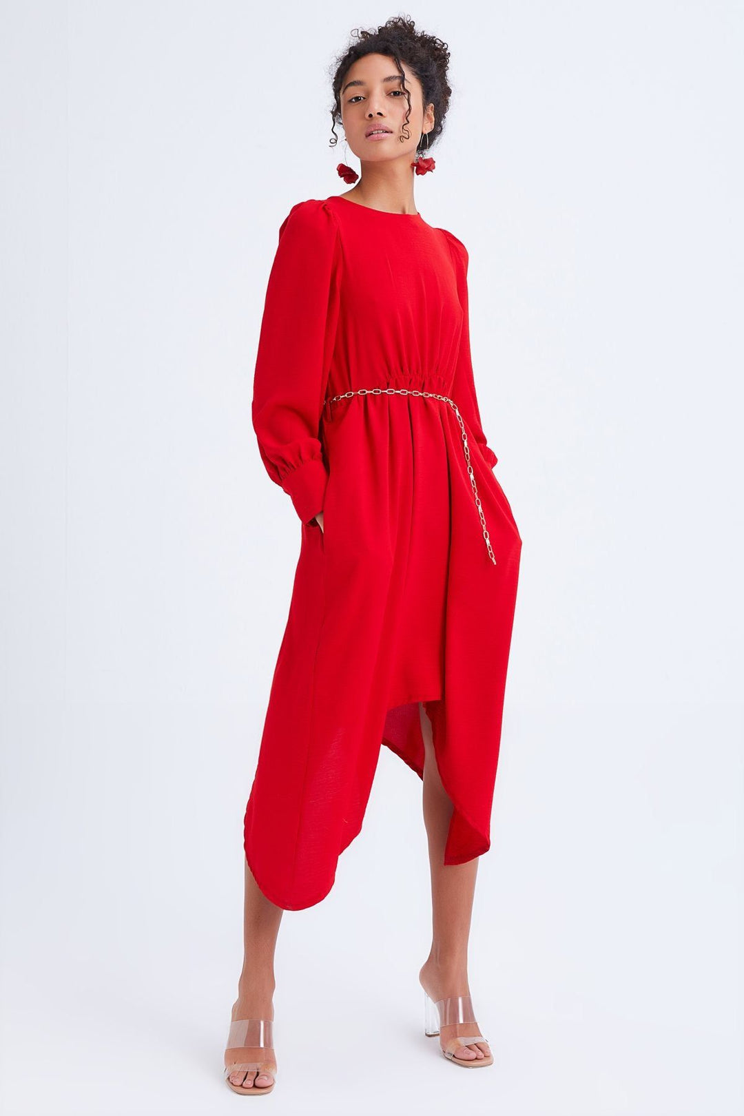 Chain Belt Asymmetric Dress Red