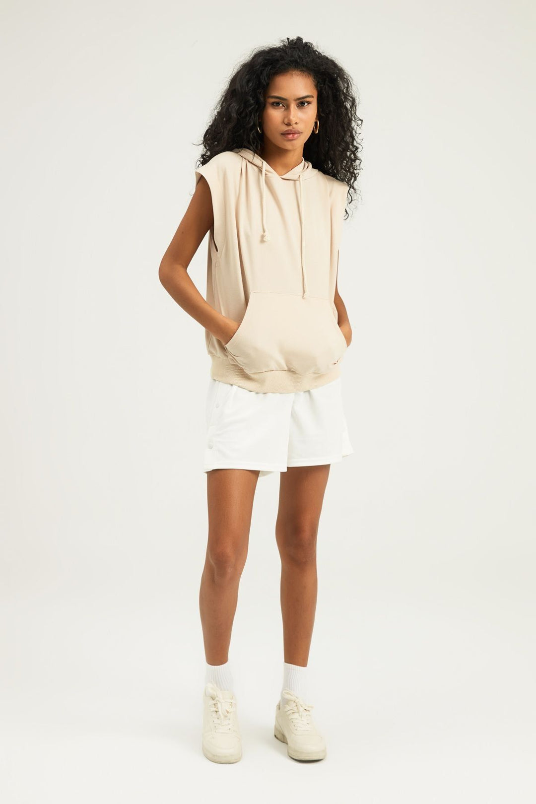 Hooded Kangaroo Pocket Sweatshirt Beige