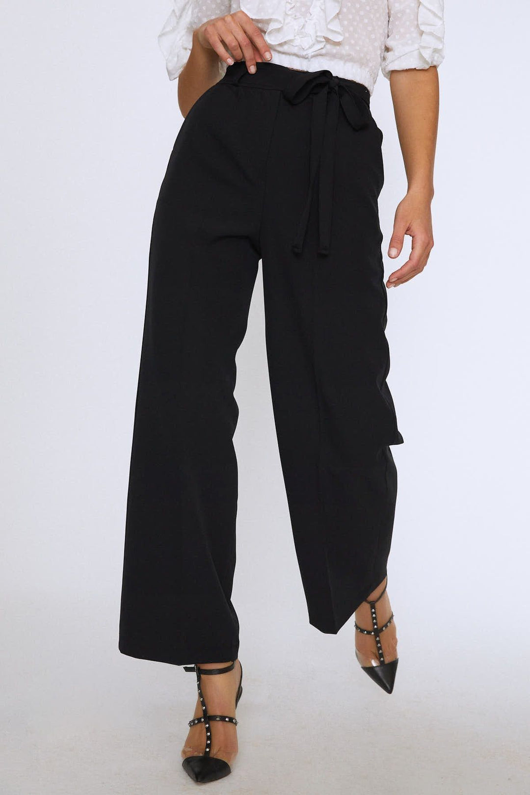 Beli Bağlamalı Geniş Paça Pantolon Siyah