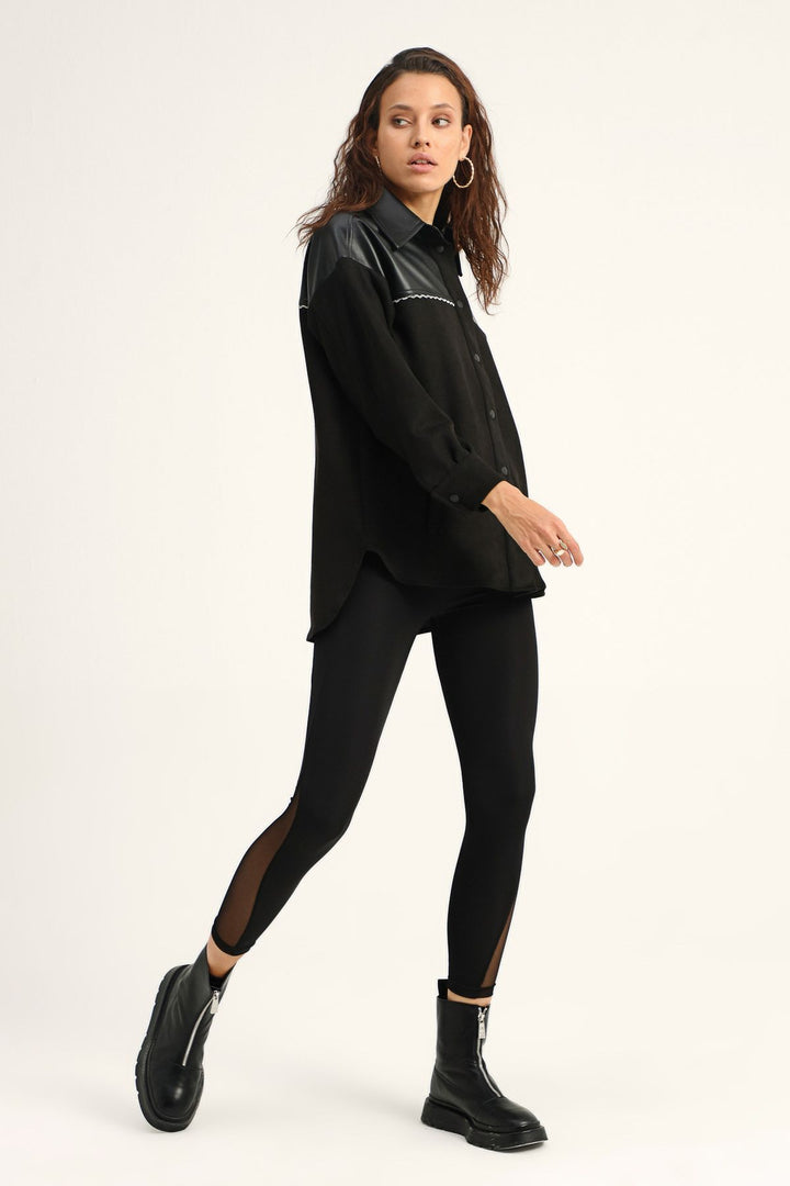 Zincir Detaylı Deri Garnili Gömlek Siyah