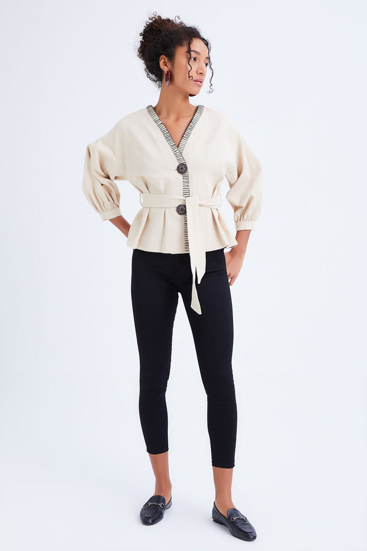 Belt Detailed Buttoned Seasonal Jacket Bone