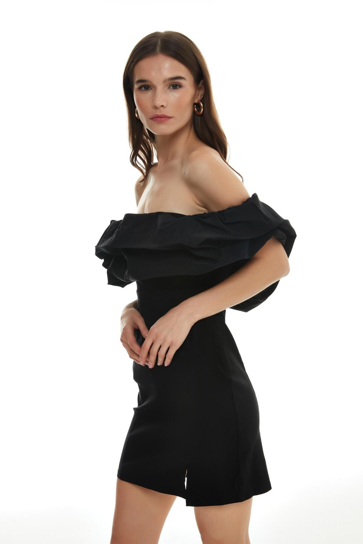 Frill Detailed Strapless Mini Dress Black
