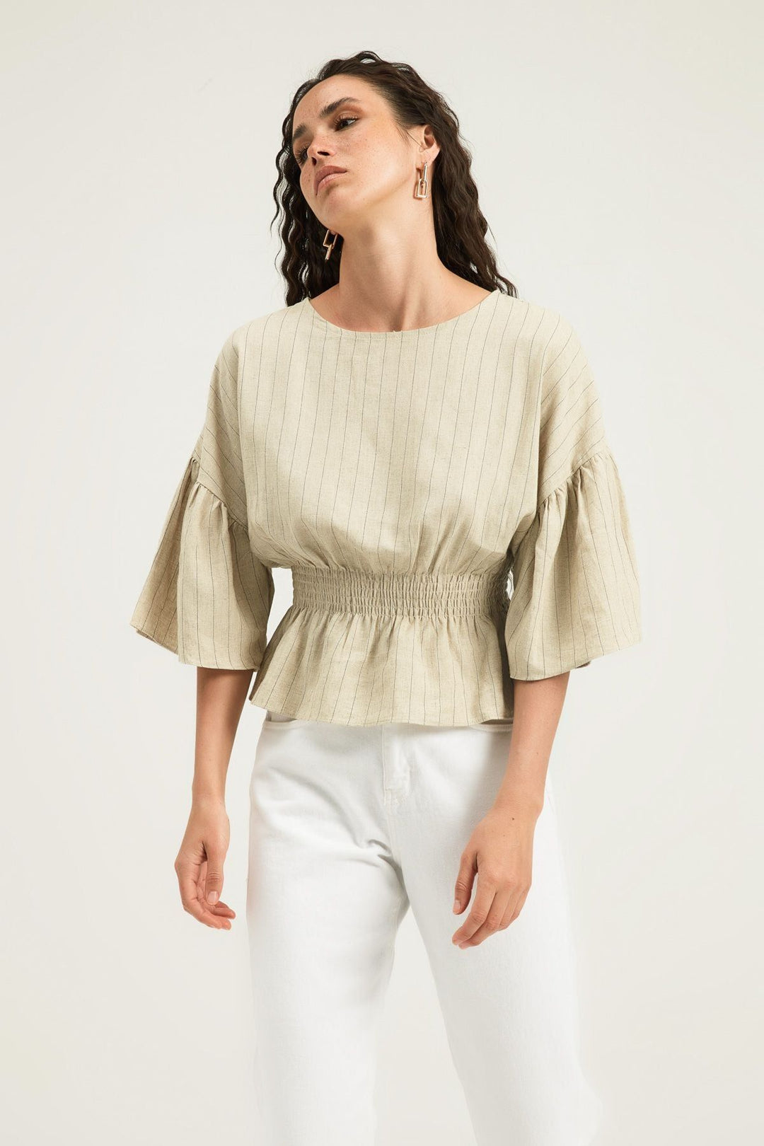 Striped Blouse with Gipe Waist Natural