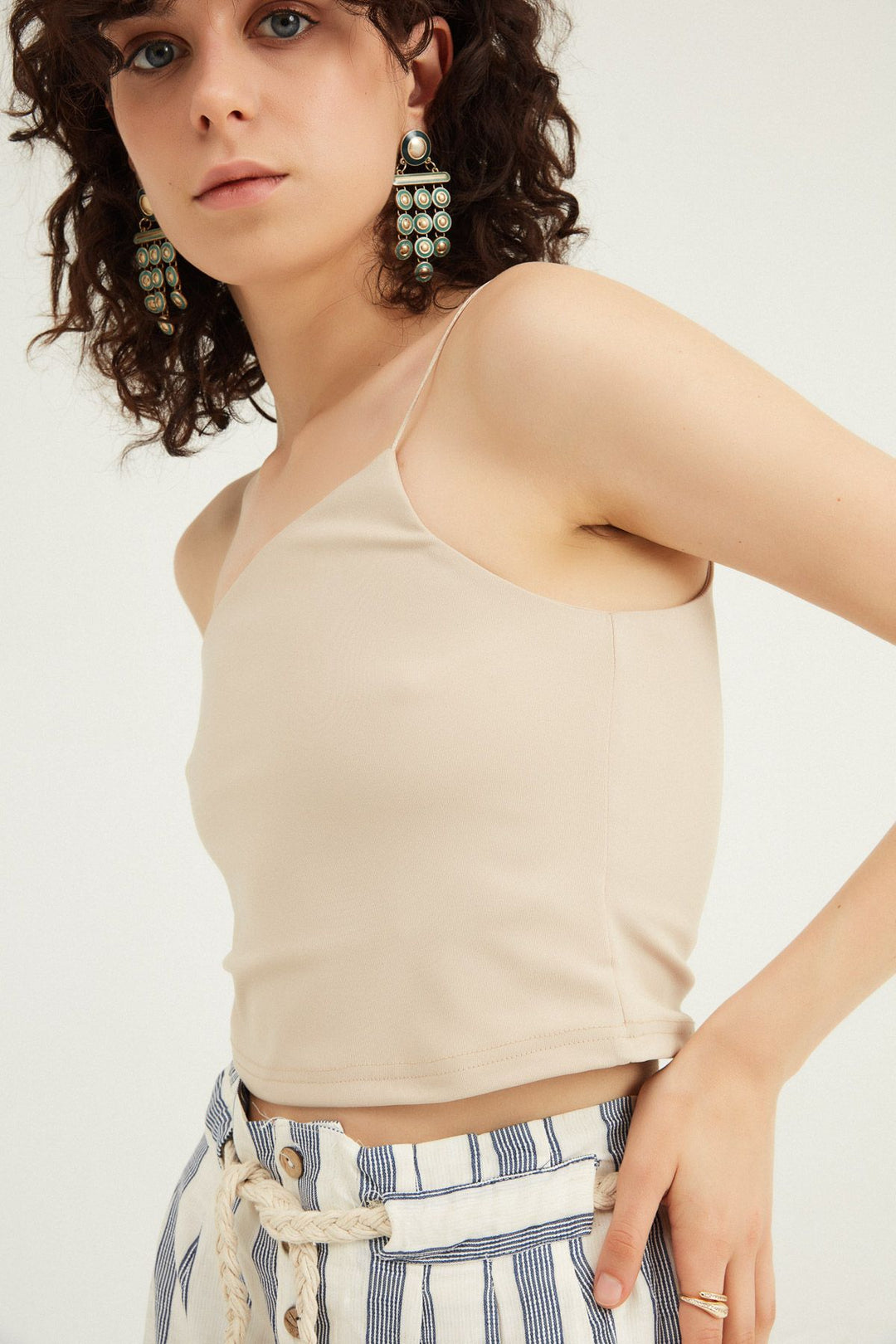 One Shoulder Strap Crop Blouse Beige