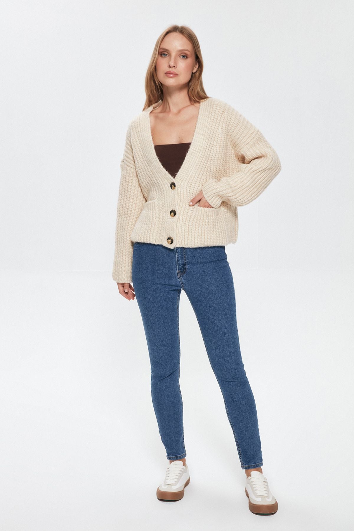 Button Detailed Pocket Knitted Cardigan Stone