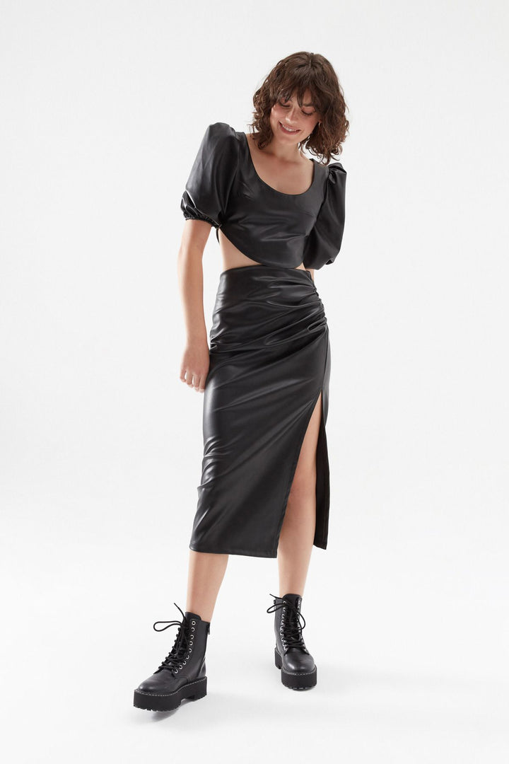 Deri Balon Kol Bluz Siyah