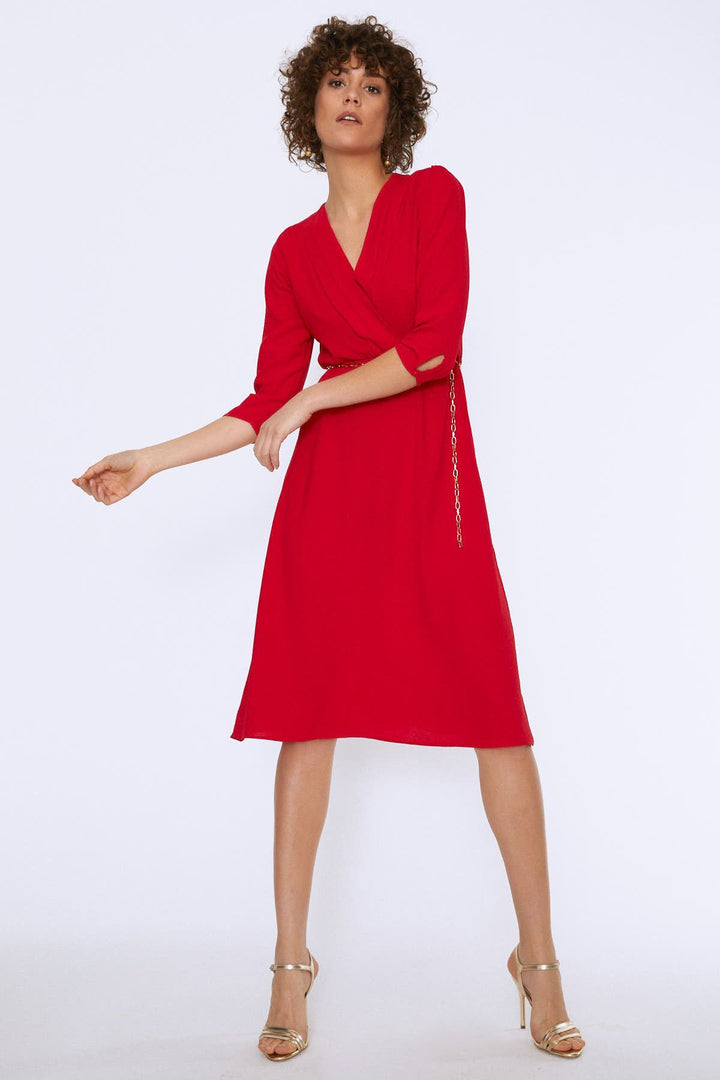 Chain Belt Double Breasted Dress Red