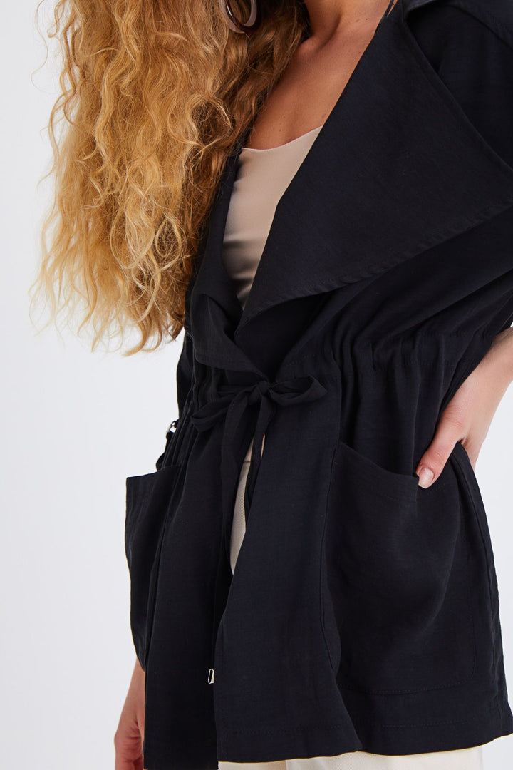 Beli Büzgülü V Yaka Ceket Siyah