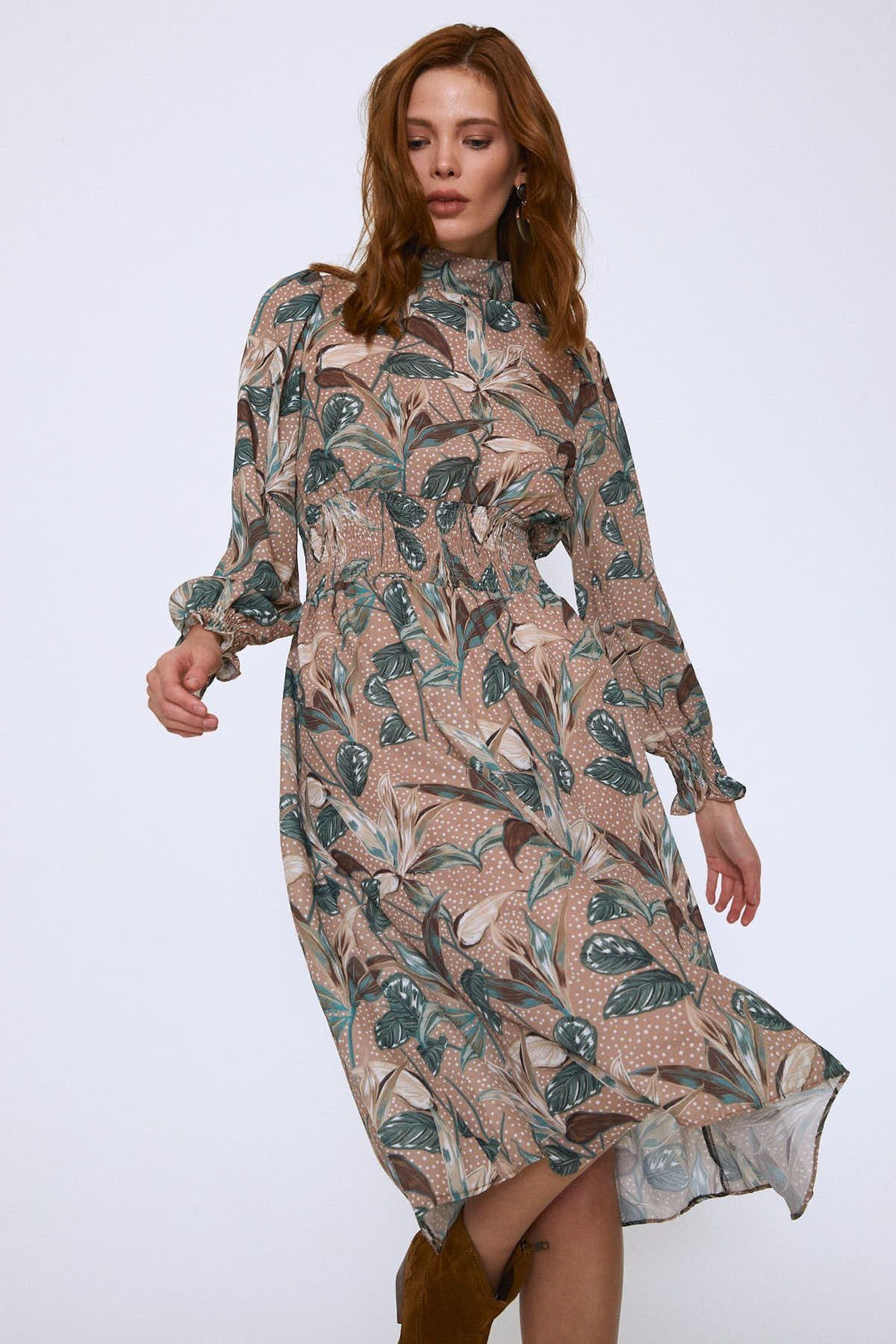 Floral Pattern Dress Camel