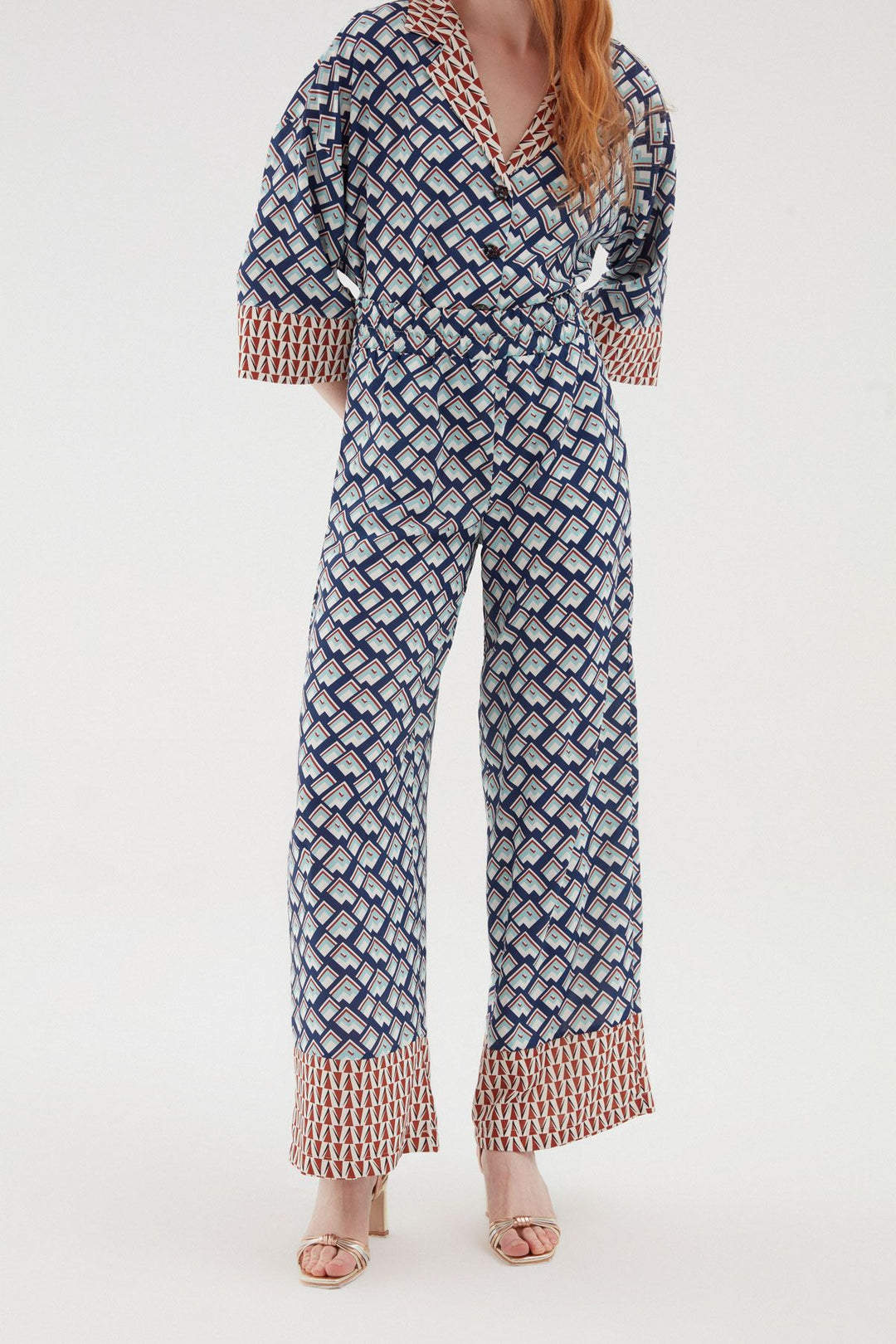 Renkli Desenli Bol Paça Pantolon Mavi