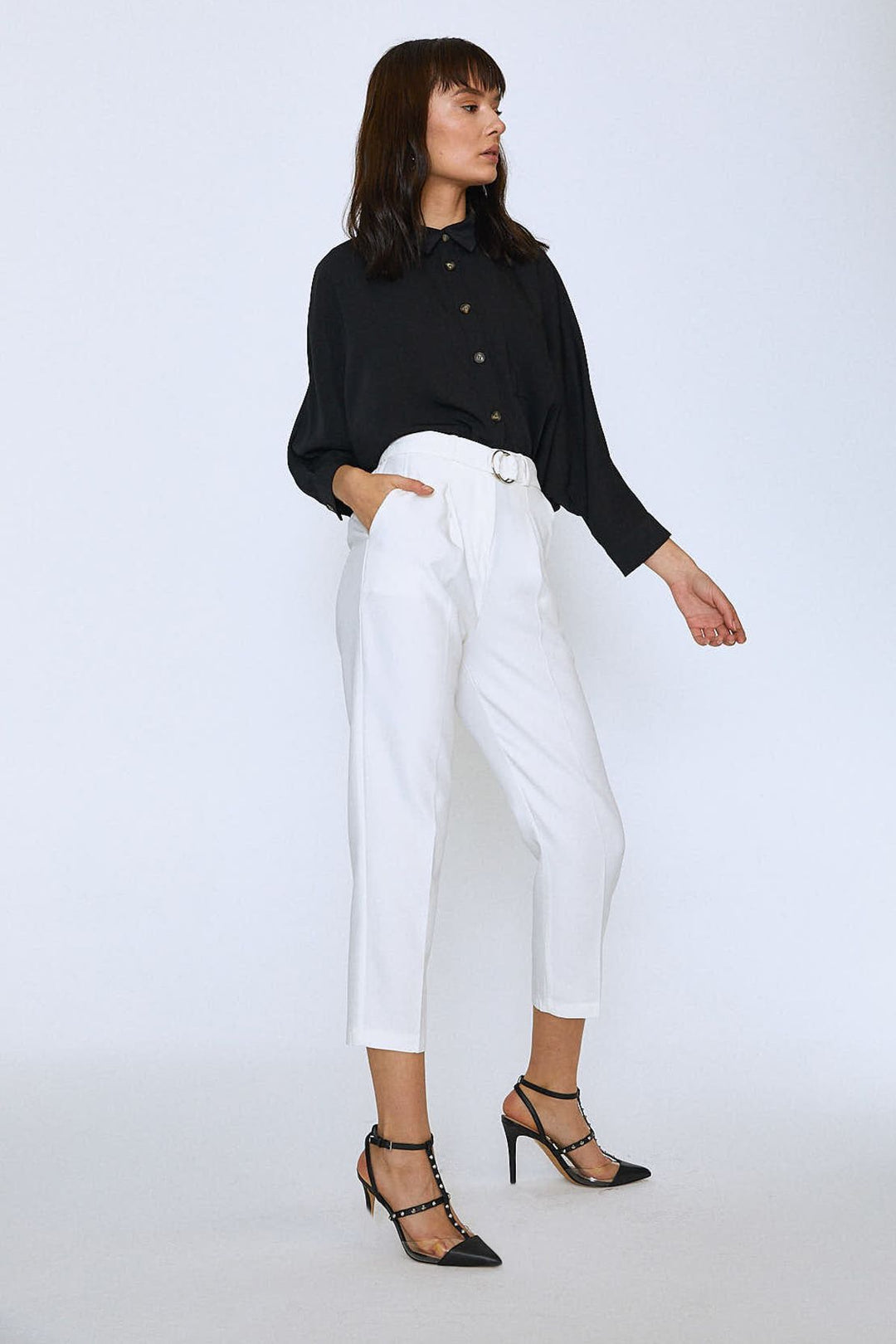 Waist Belted Fabric Trousers Ecru