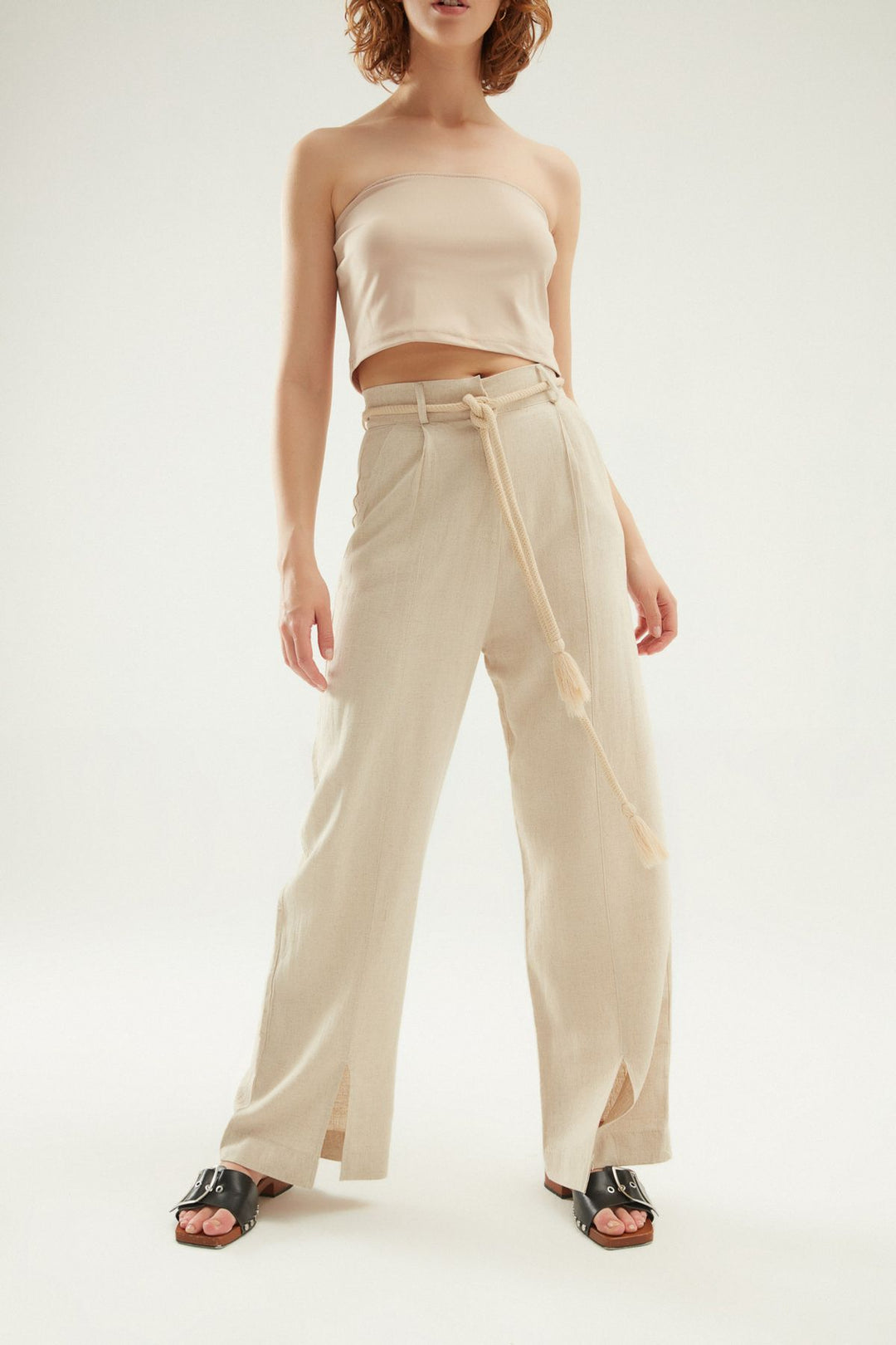 Yırtmaçlı Keten Pantolon Naturel