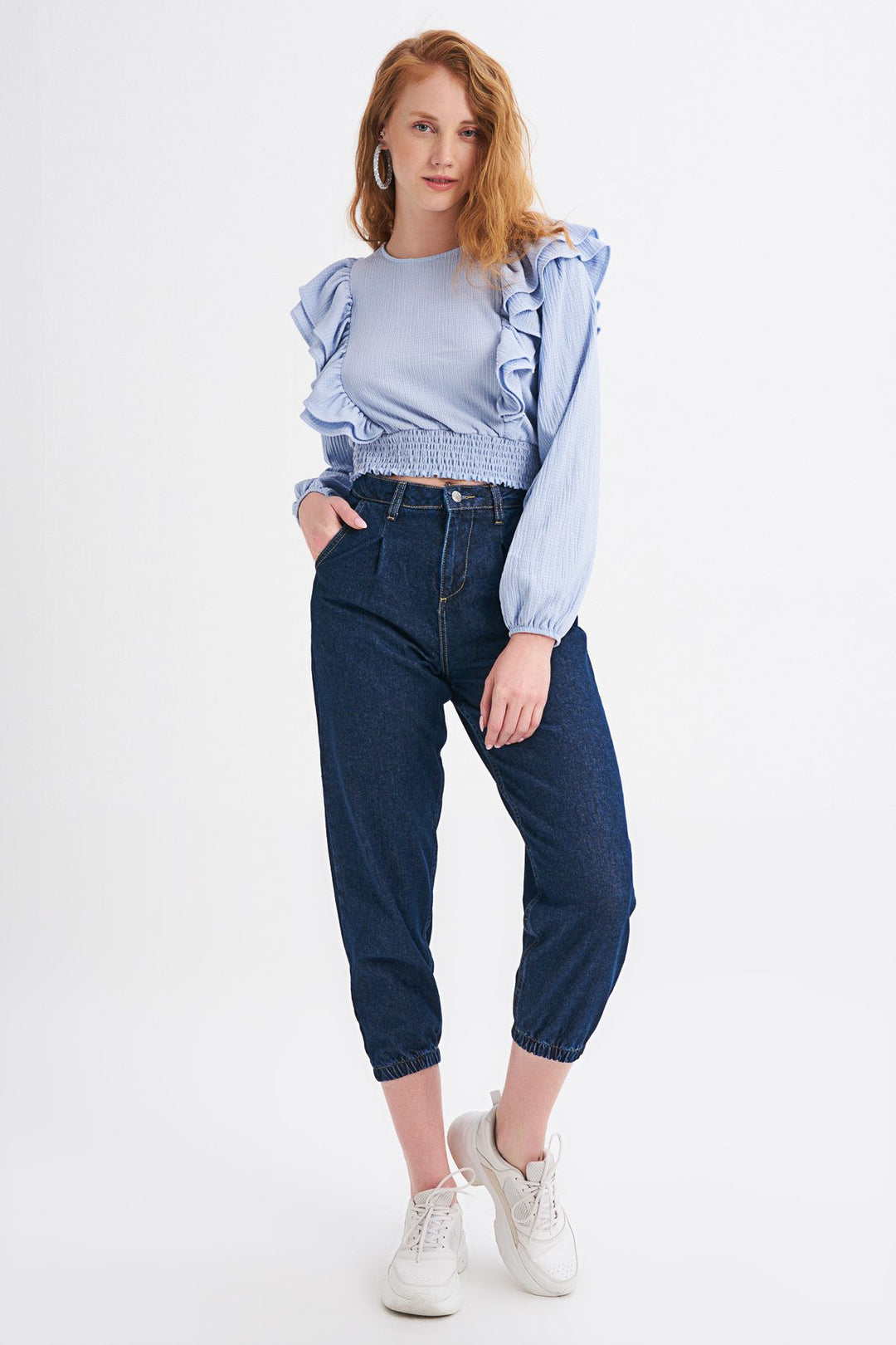 Ruffled Crop Blouse With Waist Gippe Blue