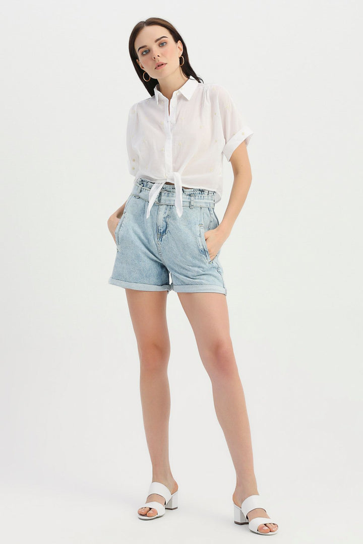 Belted High Waist Denim Shorts Ice Blue