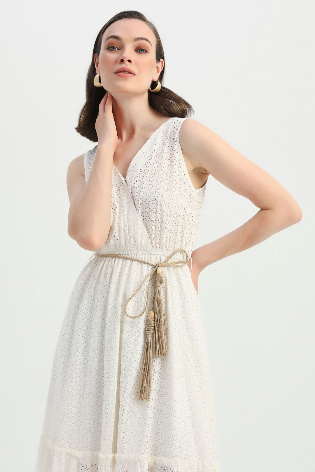 Straw Rope Belt Guipure Double Breasted Dress Ecru