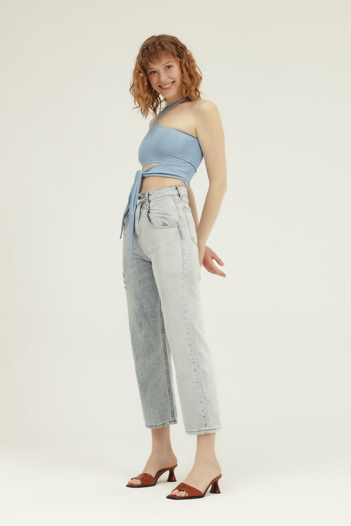 İki Renkli Bol Paça Kot Pantolon Açık Mavi