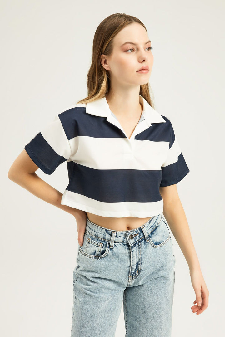 Polo Neck Striped Crop Blouse Navy