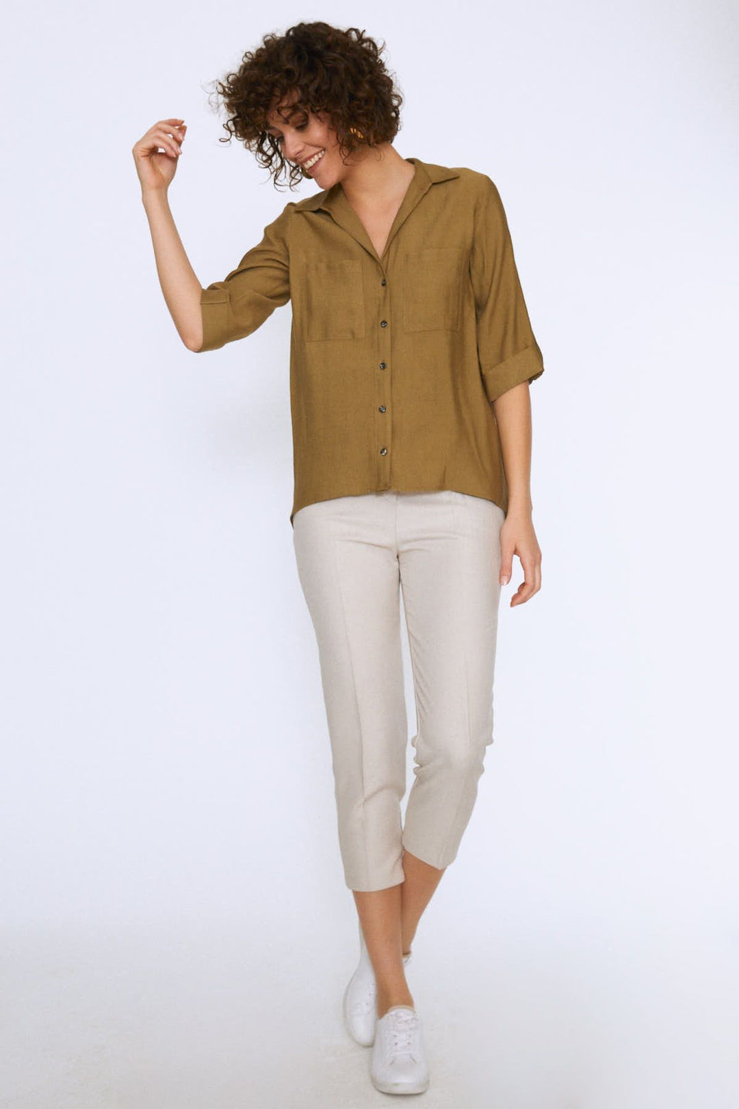 V Neck Three Quarter Sleeve Shirt Khaki